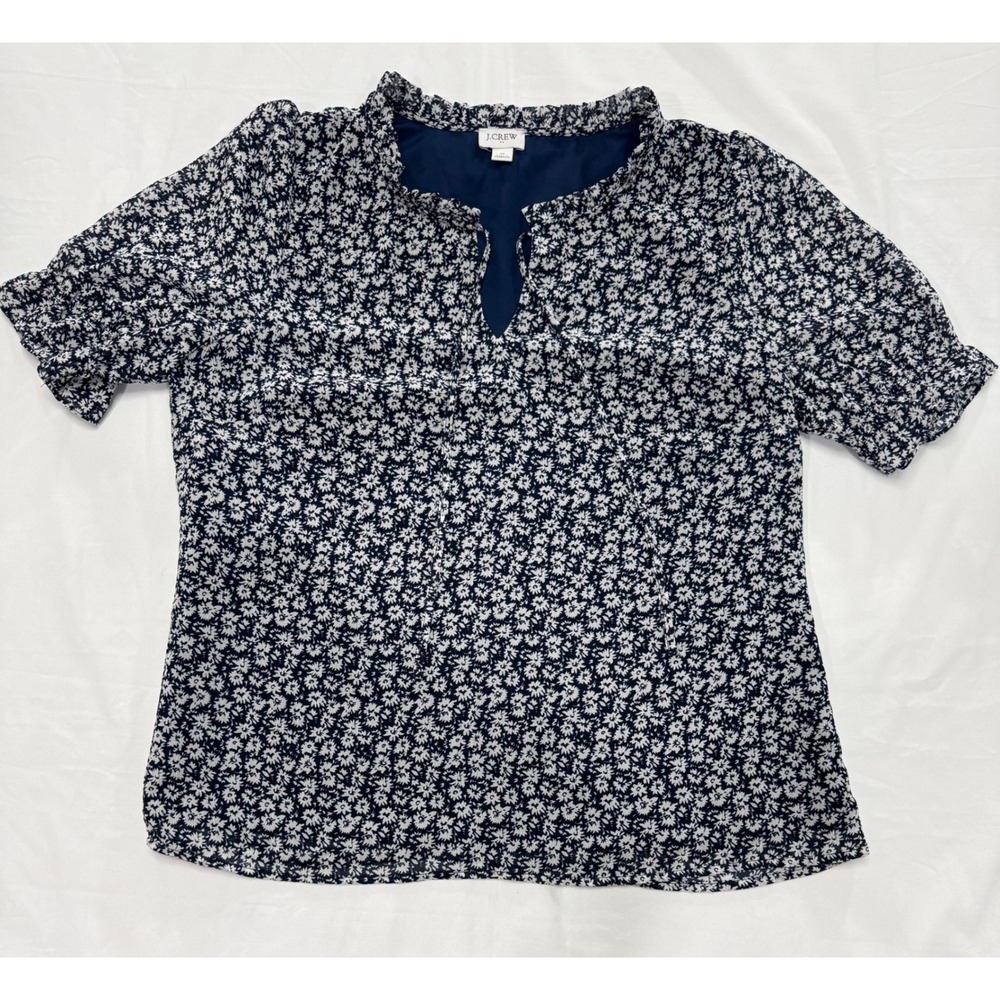 J.Crew Navy White Daisy Floral Ruffle Neck Flutter Sleeve Blouse Womens Medium